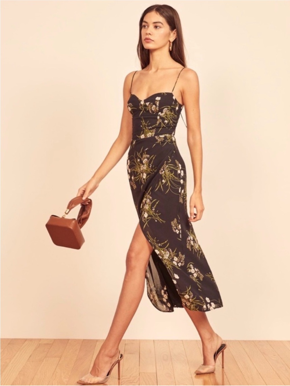 Reformation Black Floral Spaghetti-Strap Midi Dress - Picture 2 of 5
